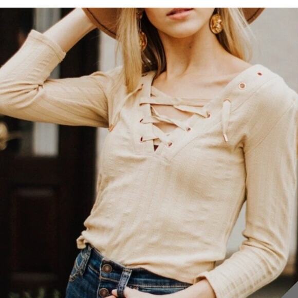 Free People Tops - Free People Ribbed Lace Up Top Camel Tan Western Boho Shirt Size Large
